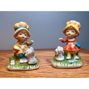 Vintage Homco Little Miss Muffet Figurines: Bisque Porcelain Girls with Pets